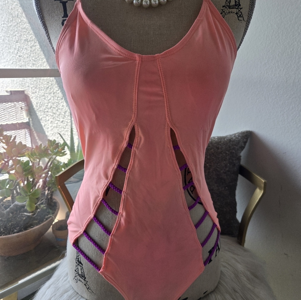 YMI Peach and Purple Women Swim One Piece